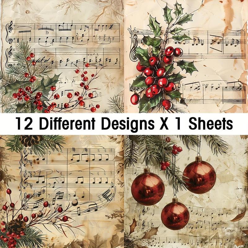 Christmas Vintage Sheet Music Scrapbook Paper, 12pcs set 6x6 Inch Scrapbook Paper, DIY Cards, Origami, and Junk Journals