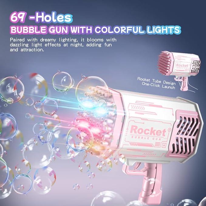 Bubble Machine Blaster - Purple Bubble Gun for Kids, , Automatic Bubble Machine Gun with 69 Holes, LED Lights, 5000 Bubbles per Minute, Funny Bubble Blaster Gun for Outdoor Activity