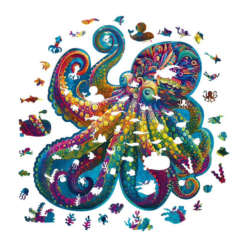 Running Octopus  Mys Aurora Wooden Jigsaw Puzzle for Kids and Adults 300 Pcs Unique Shape Wood Box Packing Fun Challenging Brain Exercise Family Game Creative Gift for Friends Parents Grandparents Multicoloured