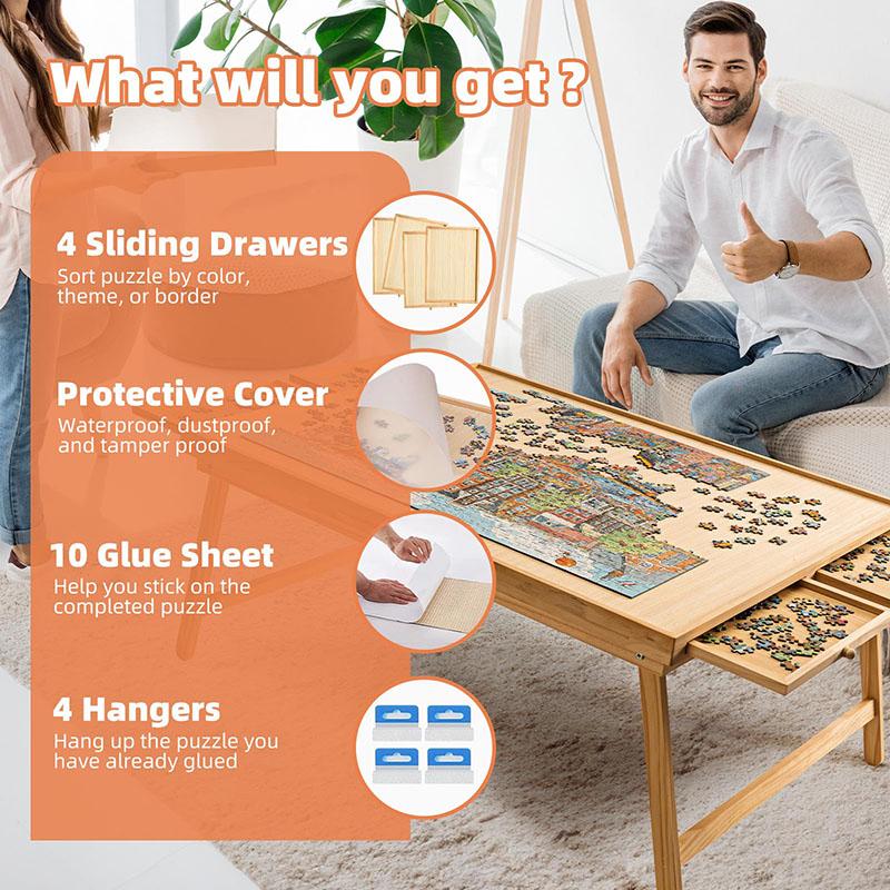 TEAKMAMA 1500 Piece Wooden Jigsaw Folding Puzzle Board, Puzzle Table with Legs and Protective Cover, 34” X 26.3” Jigsaw Puzzle Board with 4 Drawers & Cover, Portable Puzzle Tables for Adults