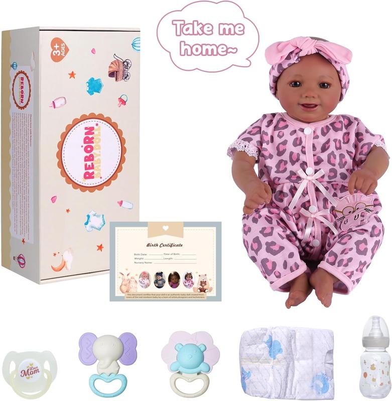 BABESIDE Reborn Baby Dolls Black Girl, 17 Inch Realistic Newborn Real Life Poseable Lifelike Doll for Girls Soft Vinyl and Cloth Body with Feeding Kit Gift Box for Kids Age 3+