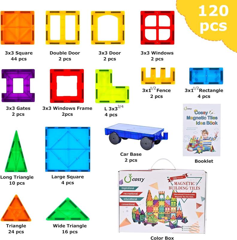 Cossy Magnet Tiles Set - 120 Pieces Construction Toys for Kids 3+ Years - Durable ABS Plastic - Develop Creativity, Imagination & Social Skills