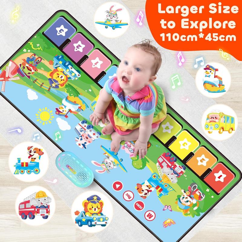 Piano Music Mat with 80 Sounds, Large Cartoon Animal Car Touch Blanket Playmat Carpet Musical Toys, Portable Floor Keyboard Dance Mat Gifts for Little Boys Girls (43×18