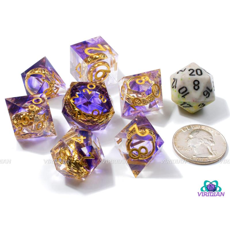 Misty Mountains | Transparent Clear Sharp Edge, Purple Swirl, Gold LOTR Ring | Resin Dice Set (7)