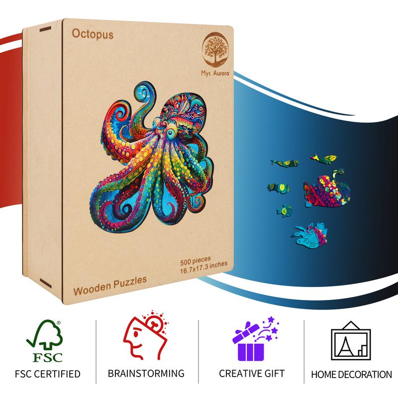 Running Octopus  Mys Aurora Wooden Jigsaw Puzzle for Kids and Adults 300 Pcs Unique Shape Wood Box Packing Fun Challenging Brain Exercise Family Game Creative Gift for Friends Parents Grandparents Multicoloured