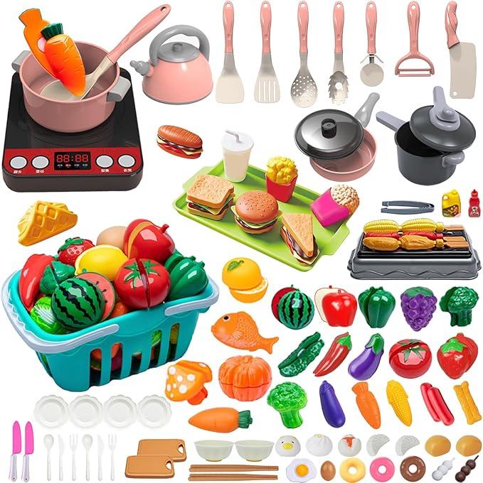 108Pcs Kids Kitchen Toy Accessories, Toddler Pretend BBQ Camping Cooking Playset, Play Pots, Pans, Utensils Cookware Toys, Play Food Set, Vegetables, Learning Gift for Girls Boys