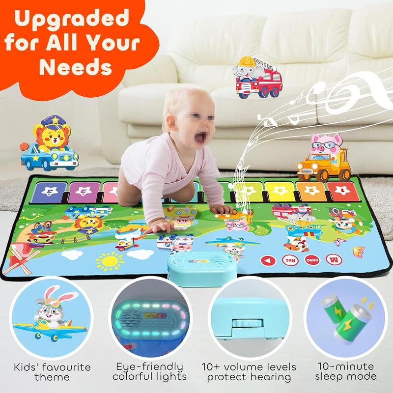 Piano Music Mat with 80 Sounds, Large Cartoon Animal Car Touch Blanket Playmat Carpet Musical Toys, Portable Floor Keyboard Dance Mat Gifts for Little Boys Girls (43×18