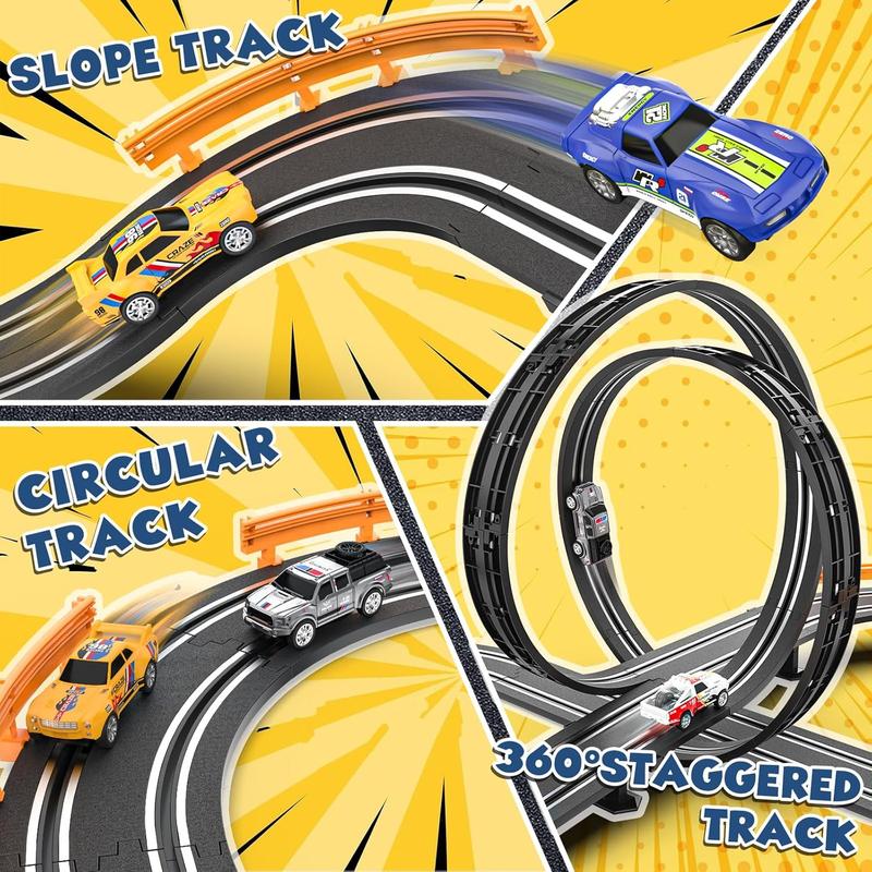 Slot Car Race Track Sets with 4 Slot Cars, Electric Race Car Track Include Slope Circular Overpass Track, Dual Racing Game Featuring Flash Bridge and Pendulum, Gifts Toys for Boys Kids Age 6 7 8-12 Electric Dual Racing Slot Car Set toy  tracks