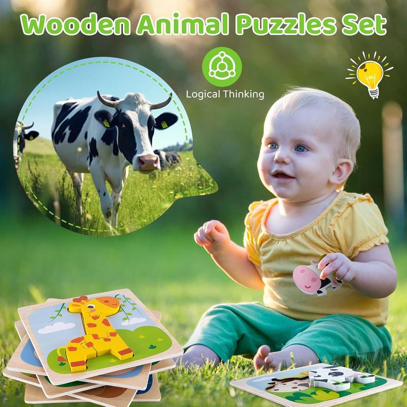 6 Pack Wooden Puzzles for Toddlers 1-3 Years Old - Montessori Toys for 2-Year-Old, Educational Toys with 6 Animal Patterns Puzzles for Boys & Girls Birthday Gift, STEM Educational Learning Toys