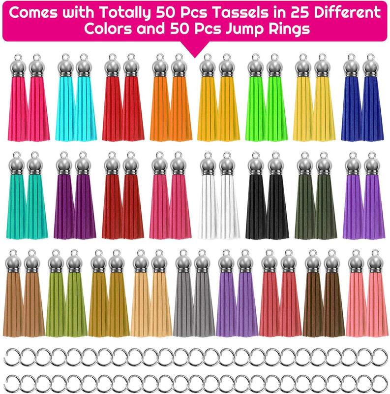 Tassels for  Making, 50 count Leather Tassel Keychain Charms Bulk with 50 count Jump Rings for  Making, Bracelets,  Key Chain Blanks and Craft Supplies