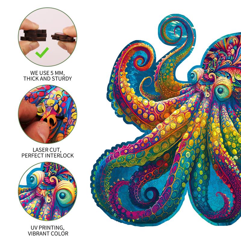 Running Octopus  Mys Aurora Wooden Jigsaw Puzzle for Kids and Adults 300 Pcs Unique Shape Wood Box Packing Fun Challenging Brain Exercise Family Game Creative Gift for Friends Parents Grandparents Multicoloured