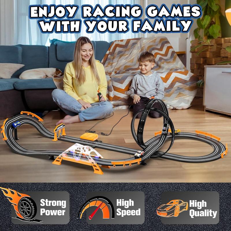 Slot Car Race Track Sets with 4 Slot Cars, Electric Race Car Track Include Slope Circular Overpass Track, Dual Racing Game Featuring Flash Bridge and Pendulum, Gifts Toys for Boys Kids Age 6 7 8-12 Electric Dual Racing Slot Car Set toy  tracks