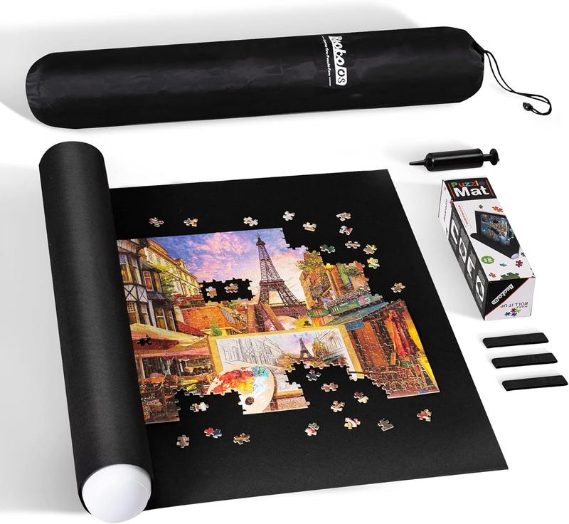 Becko US 2000-Pc Jigsaw Puzzle Mat Roll Up with Black Pump & Drawstring Storage Bag, Black Felt Mat for Easy Transport & Storage, Portable Puzzle Saver for 2000 1500 1000 500 Pieces Jigsaw Puzzles