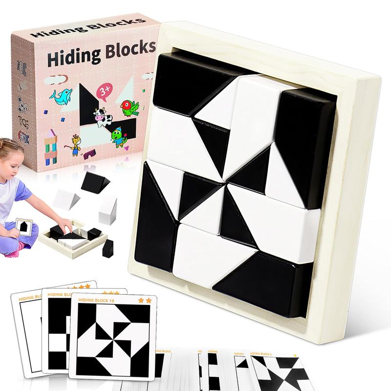 Block Puzzle, Plastic Cube Puzzle with Storage Tray Plastic Hidden Building Block Puzzle Toy 3D Block Brain Teaser Puzzle Game, Early Education Black & White Block Puzzles for Kids Ages 3+