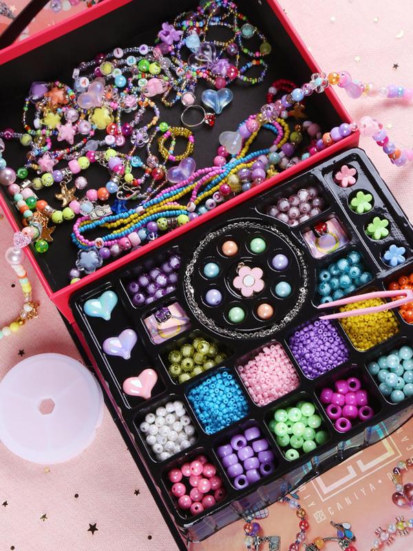 Cute Colorful Hair Pin & Bracelet & Necklace & Ring Beads Kit, Heart & Star & Flower Shaped Beads, DIY Jewelry Making Supplies for Bracelet & Necklace Making