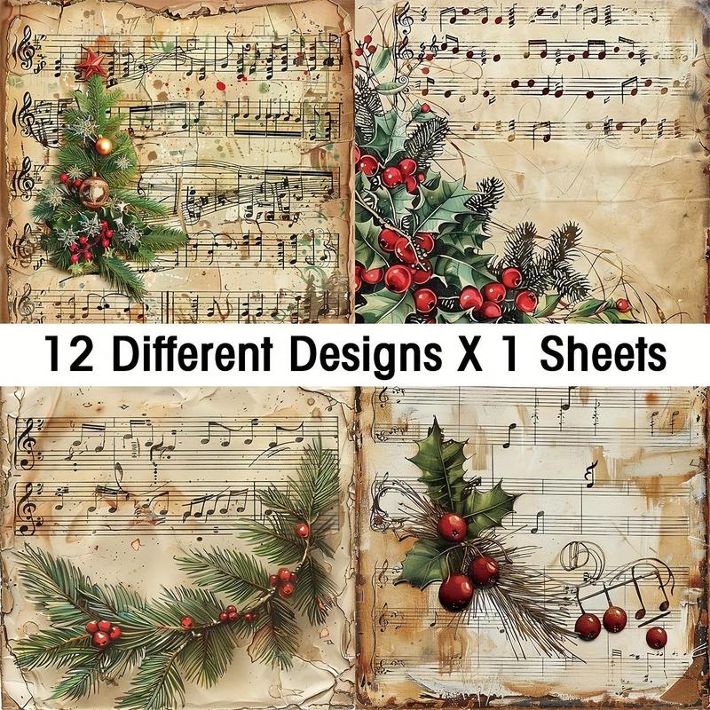 Christmas Vintage Sheet Music Scrapbook Paper, 12pcs set 6x6 Inch Scrapbook Paper, DIY Cards, Origami, and Junk Journals