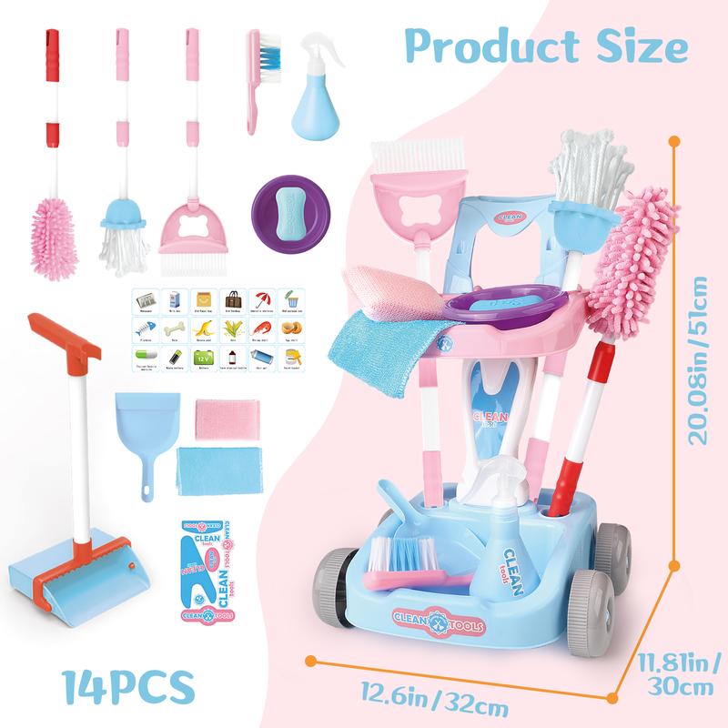 deAO Cleaning Set 14 pcs Housekeeping Pretend Play Set Toy Cleaning Set Broom and Mop Set Christmas Birthday Gift