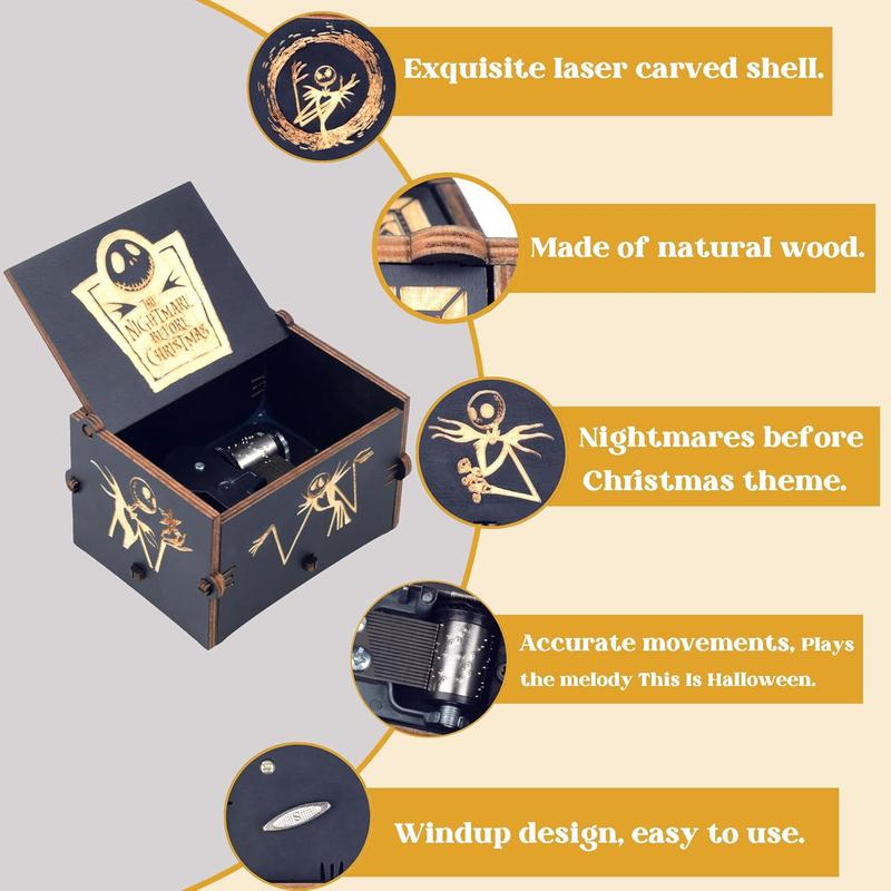 The Nightmare Hand-cranked Musical Box, Wooden Engraved Music Box Playing Melody This is Halloween for Boys Girls,Big Size Music Box for Halloween Christmas Thanksgiving