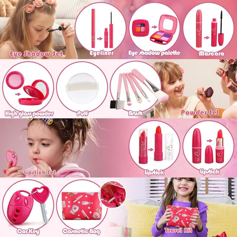 Christmas gift Toddler Girl Toys, Basic Pretend Makeup Kit for Girls, Kids Play Makeup Set for Kids 3-5 4-6, Toddler Makeup Kit with Fake Makeup Set, Car Key & Make up Toy for Age 3 4 5 Year Old Girl Gifts