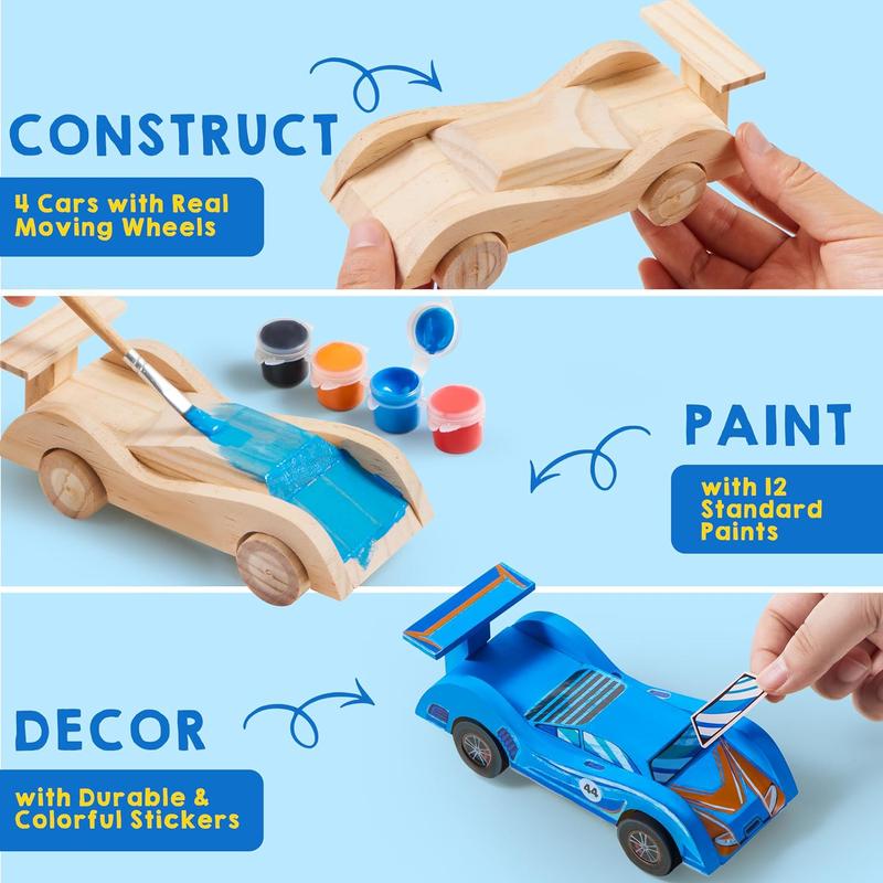 Kits 4 DIY Wooden Race Cars-Build & Paint Your Own Wood Craft Kit, 4 Race Cars Toy, Easy to Assemble Arts Crafts Kit