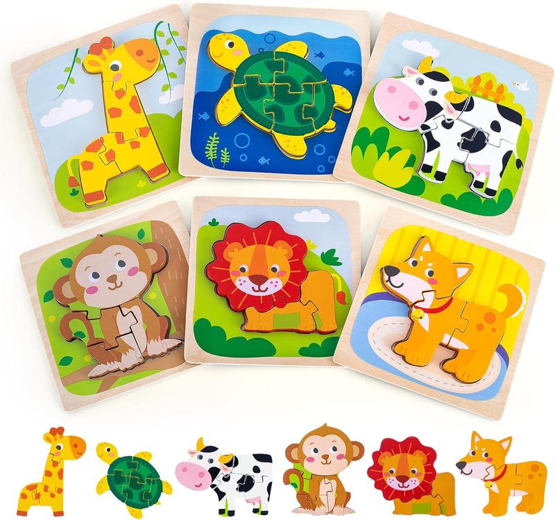 6 Pack Wooden Puzzles for Toddlers 1-3 Years Old - Montessori Toys for 2-Year-Old, Educational Toys with 6 Animal Patterns Puzzles for Boys & Girls Birthday Gift, STEM Educational Learning Toys