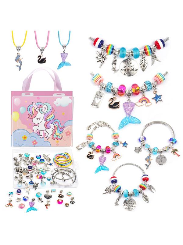 Cute Cartoon Unicorn Design Jewelry Making Kit, Including Beads, Charms, Elastic Thread, Jewelry Box, Fashion Accessories for Girls