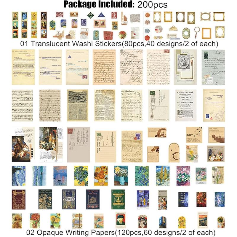 200 count Vintage Scrapbooking Supplies Kit for Journaling, Journals Junk Journal Planners Aesthetic Cottagecore Room Decor Wall Art Collage Album(Artistic)