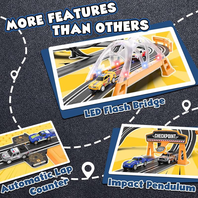 Slot Car Race Track Sets with 4 Slot Cars, Electric Race Car Track Include Slope Circular Overpass Track, Dual Racing Game Featuring Flash Bridge and Pendulum, Gifts Toys for Boys Kids Age 6 7 8-12 Electric Dual Racing Slot Car Set toy  tracks