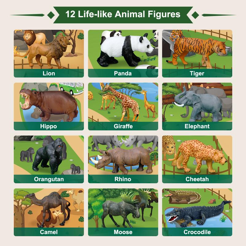 Safari Animal Toys Figures, 12 PCS Realistic Jumbo Wild Jungle Animals Figurines, Large African Zoo Animal Playset with Lion,Elephant,Giraffe, Plastic Animal Learning Toys for Kids Toddlers Boys