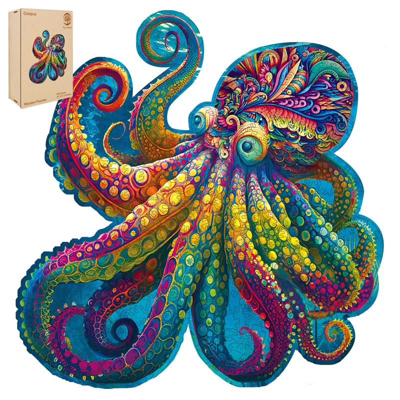 Running Octopus  Mys Aurora Wooden Jigsaw Puzzle for Kids and Adults 300 Pcs Unique Shape Wood Box Packing Fun Challenging Brain Exercise Family Game Creative Gift for Friends Parents Grandparents Multicoloured