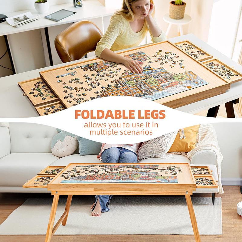 TEAKMAMA 1500 Piece Wooden Jigsaw Folding Puzzle Board, Puzzle Table with Legs and Protective Cover, 34” X 26.3” Jigsaw Puzzle Board with 4 Drawers & Cover, Portable Puzzle Tables for Adults