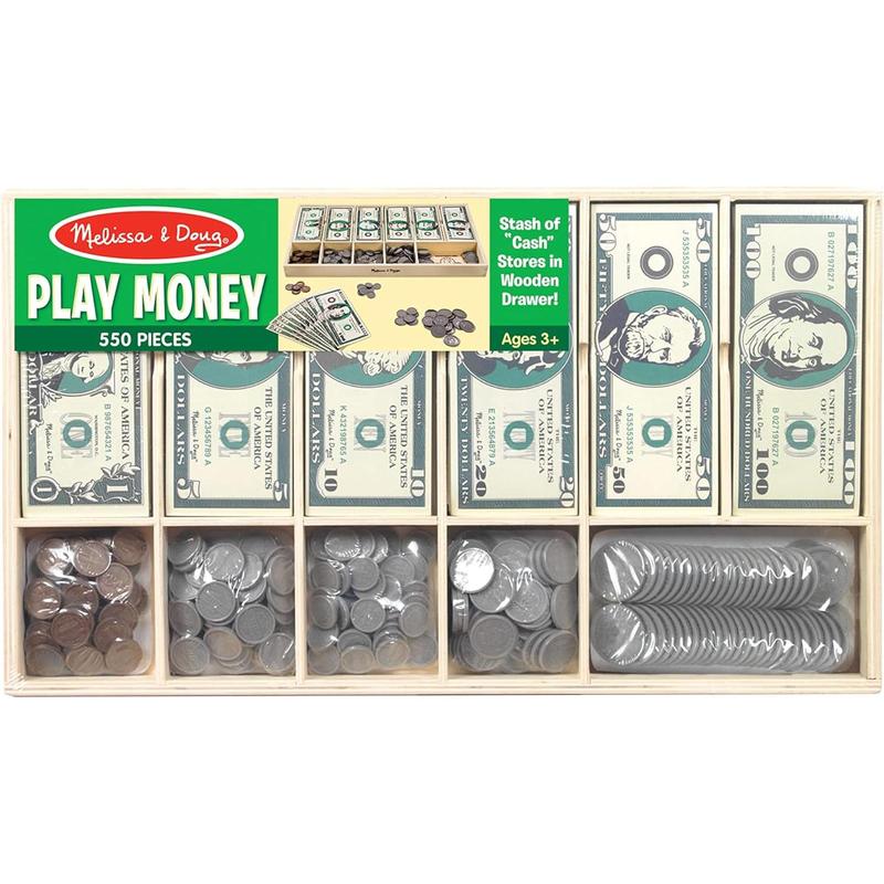 Melissa & Doug Play Money Set - Educational Toy With Paper Bills and Plastic Coins (50 of Each Denomination) and Wooden Cash Drawer for Storage