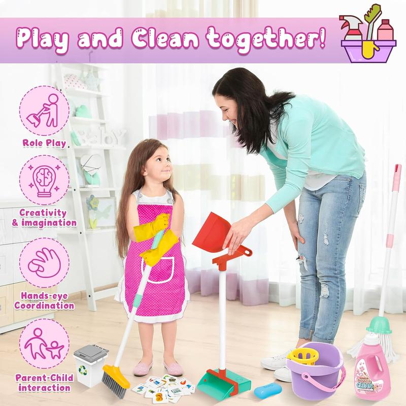 Christmas gift  Kids Cleaning Set 17 Pcs,Toy Cleaning Set Includes Broom,Mop,Brush,Dust Pan,Duster,Sponge,Clothes,Spray, Bucket, Caution Sign,Pretend Housekeeping Play Set