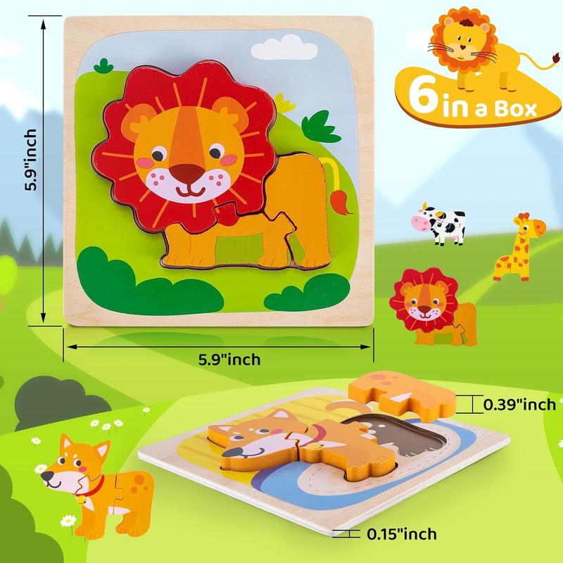 6 Pack Wooden Puzzles for Toddlers 1-3 Years Old - Montessori Toys for 2-Year-Old, Educational Toys with 6 Animal Patterns Puzzles for Boys & Girls Birthday Gift, STEM Educational Learning Toys