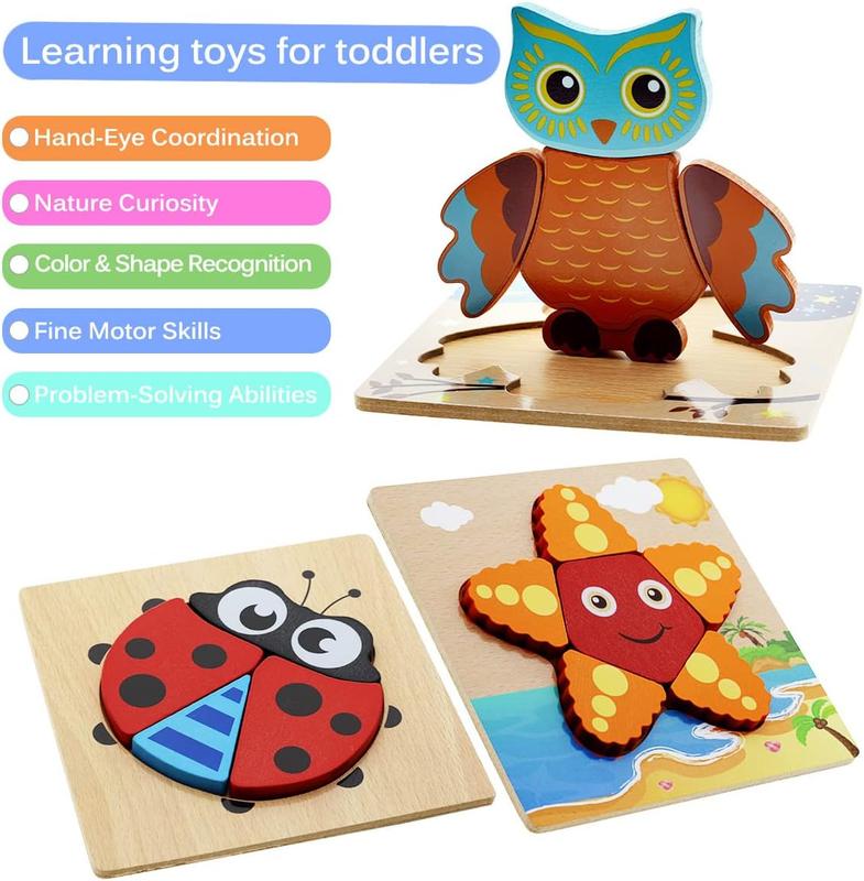 Montessori Toys for 1 2 3 Year Old Boys Girls Wooden Toddler Puzzles Kids Infant Baby Educational Learning Toys for Toddlers 1-3 Gifts 6 Animal Shape Jigsaw Eco Friendly Travel STEM Building Toy Games