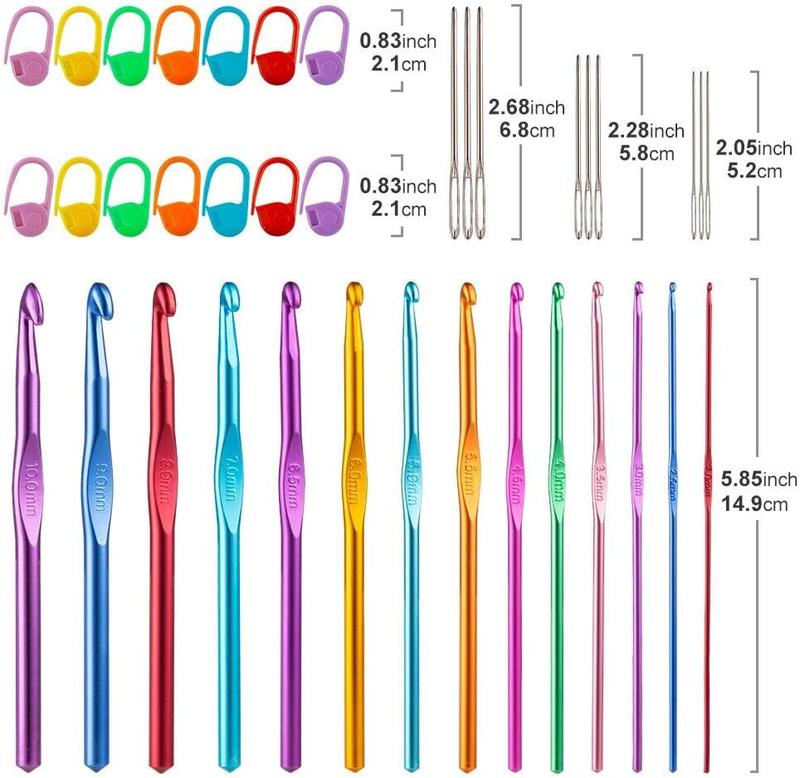 37 count Crochet Hooks Set, High Quality Coloured Aluminum  Handle Crochet, Hook Needles for Arthritic Hands, with Stitch Markers and Large-Eye Blunt Needles