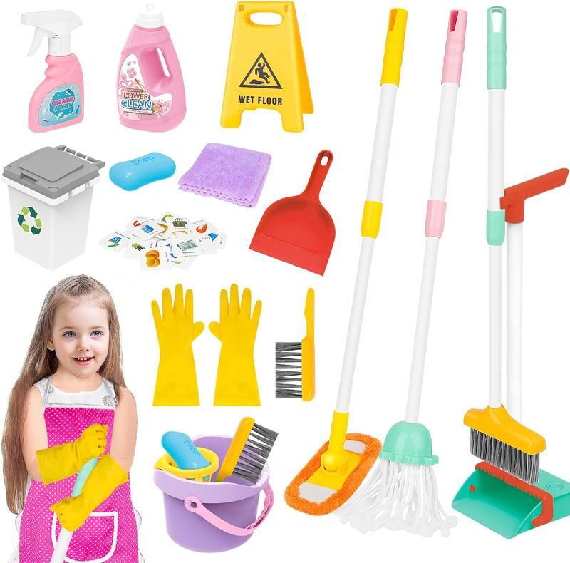 Christmas gift  Kids Cleaning Set 17 Pcs,Toy Cleaning Set Includes Broom,Mop,Brush,Dust Pan,Duster,Sponge,Clothes,Spray, Bucket, Caution Sign,Pretend Housekeeping Play Set