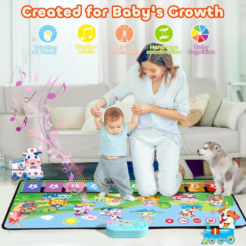 Piano Music Mat with 80 Sounds, Large Cartoon Animal Car Touch Blanket Playmat Carpet Musical Toys, Portable Floor Keyboard Dance Mat Gifts for Little Boys Girls (43×18