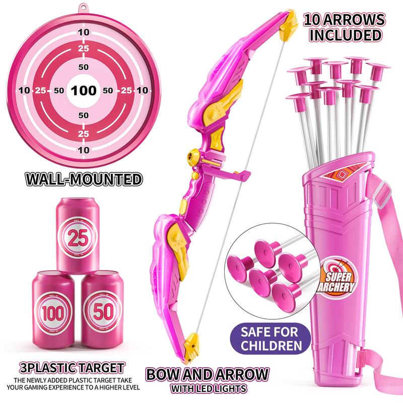 Bow and Arrow , LED Light Up Archery Toy with 10 Suction Cup Arrows, 4 Target & Quiver, Indoor Outdoor Activity Toys, Birthday Gift Toys for