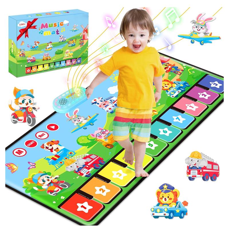 Piano Music Mat with 80 Sounds, Large Cartoon Animal Car Touch Blanket Playmat Carpet Musical Toys, Portable Floor Keyboard Dance Mat Gifts for Little Boys Girls (43×18