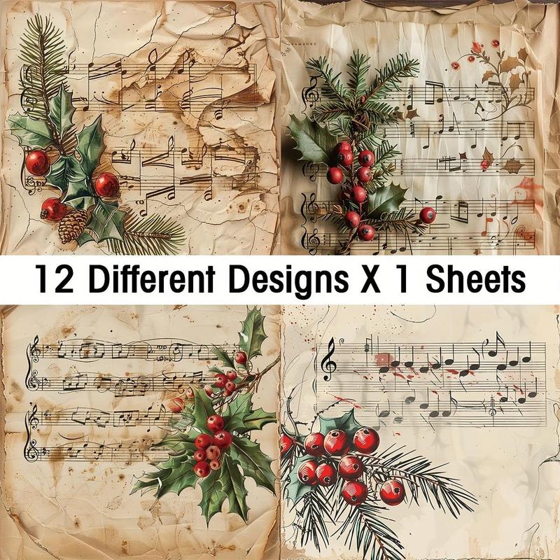 Christmas Vintage Sheet Music Scrapbook Paper, 12pcs set 6x6 Inch Scrapbook Paper, DIY Cards, Origami, and Junk Journals