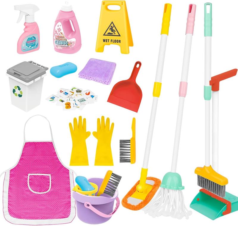 Christmas gift  Kids Cleaning Set 17 Pcs,Toy Cleaning Set Includes Broom,Mop,Brush,Dust Pan,Duster,Sponge,Clothes,Spray, Bucket, Caution Sign,Pretend Housekeeping Play Set