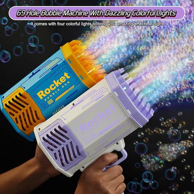 Bubble Machine Blaster - Purple Bubble Gun for Kids, , Automatic Bubble Machine Gun with 69 Holes, LED Lights, 5000 Bubbles per Minute, Funny Bubble Blaster Gun for Outdoor Activity