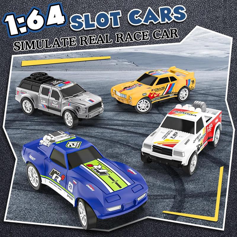 Slot Car Race Track Sets with 4 Slot Cars, Electric Race Car Track Include Slope Circular Overpass Track, Dual Racing Game Featuring Flash Bridge and Pendulum, Gifts Toys for Boys Kids Age 6 7 8-12 Electric Dual Racing Slot Car Set toy  tracks