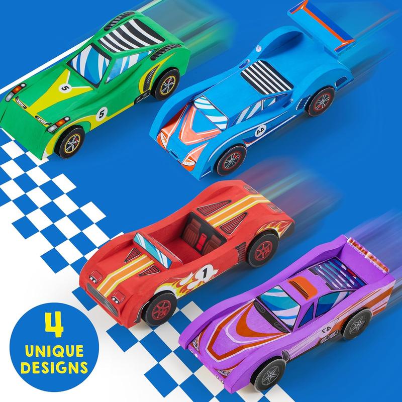 Kits 4 DIY Wooden Race Cars-Build & Paint Your Own Wood Craft Kit, 4 Race Cars Toy, Easy to Assemble Arts Crafts Kit