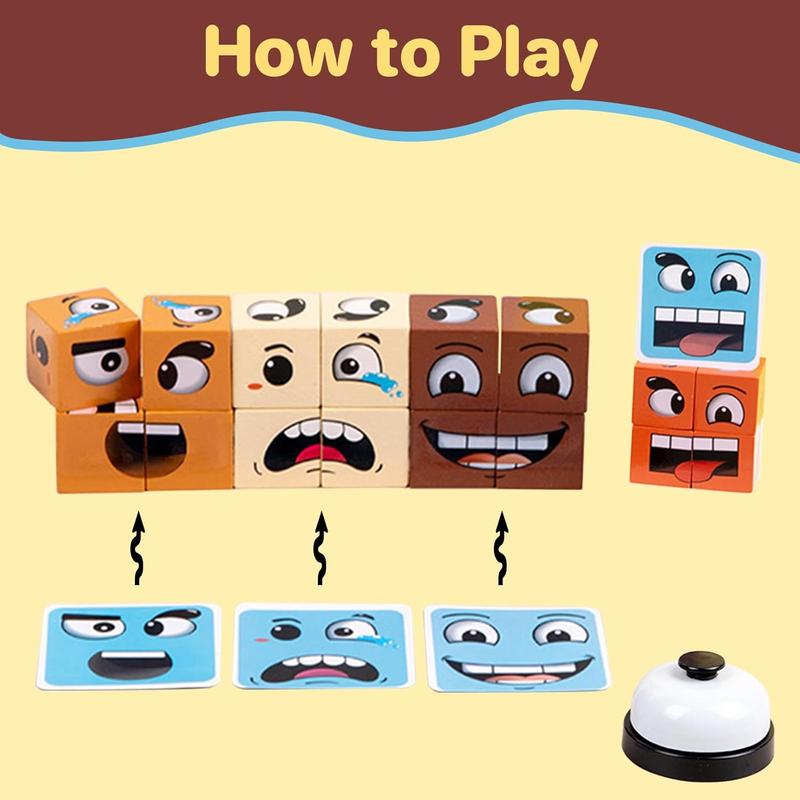 Face Change Cube Game, Face Blocks Wooden Face Changing Magic Cube Game with Bell Mini Expression Puzzle Building Blocks Game Kids Toy Boys Girls