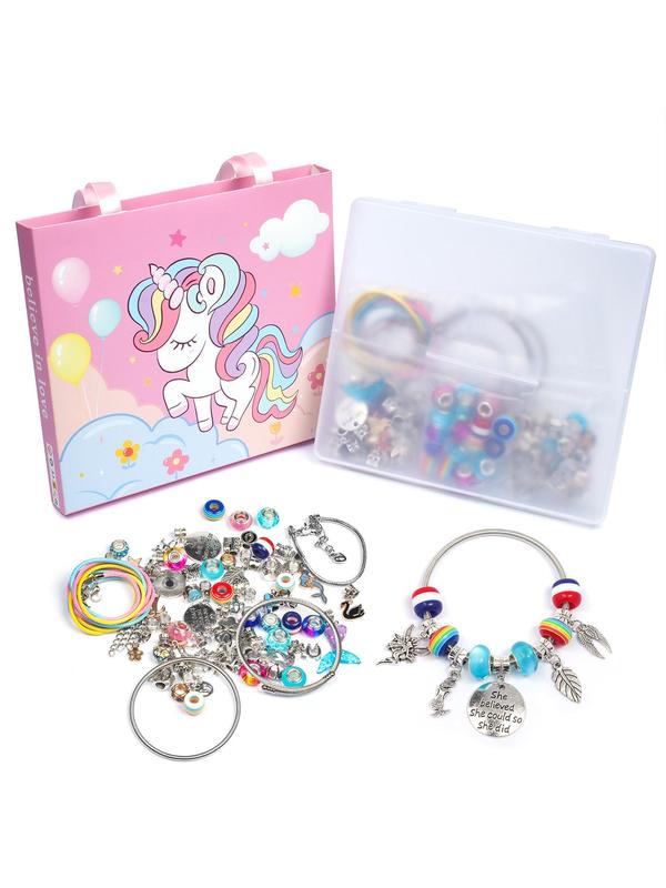 Cute Cartoon Unicorn Design Jewelry Making Kit, Including Beads, Charms, Elastic Thread, Jewelry Box, Fashion Accessories for Girls