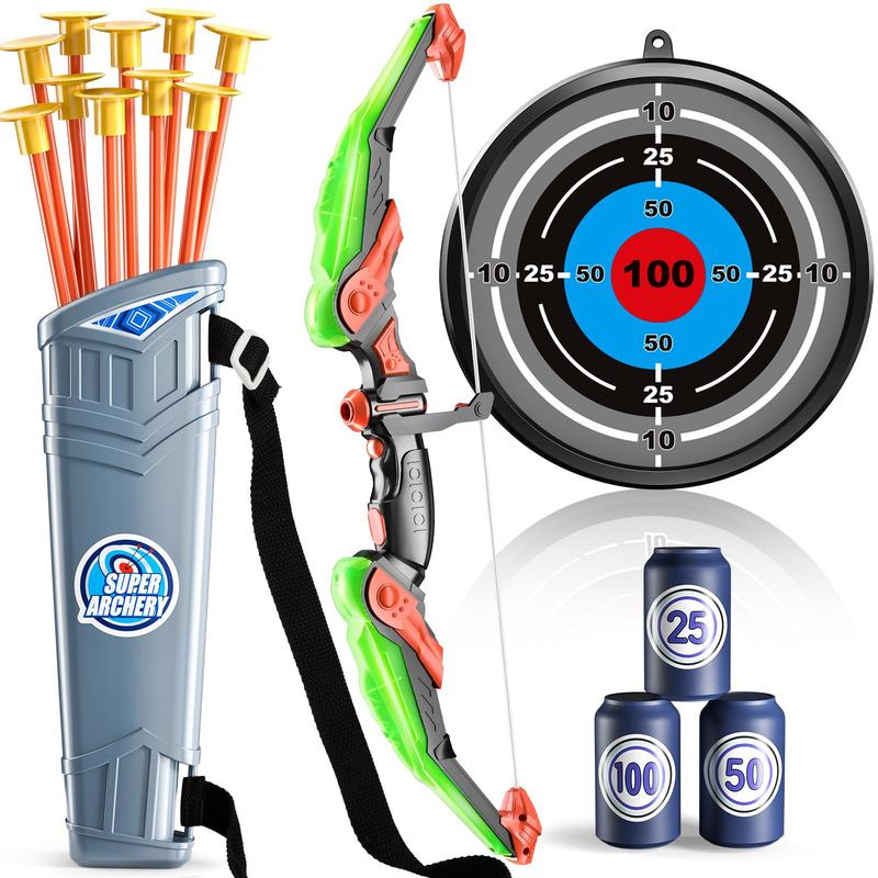 Bow and Arrow , LED Light Up Archery Toy with 10 Suction Cup Arrows, 4 Target & Quiver, Indoor Outdoor Activity Toys, Birthday Gift Toys for