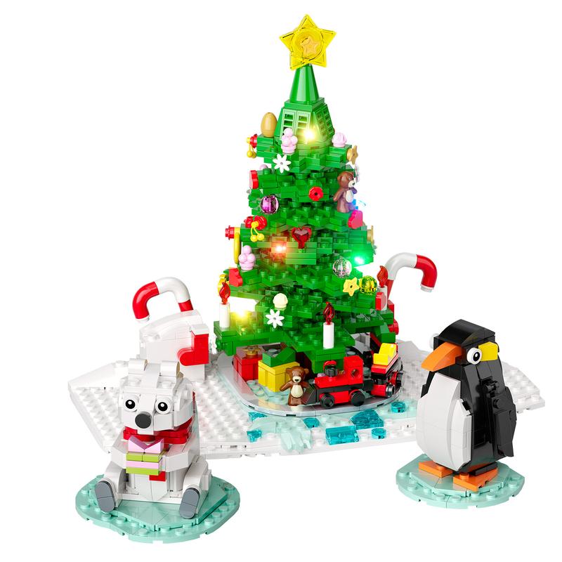 2024 Newest Christmas Tree Building Blocks Set with Penguin, Polar Bear and Little Train, LED Lighting Included, Perfect Halloween Toys and Gifts for Fans and Kids (802 pcs)