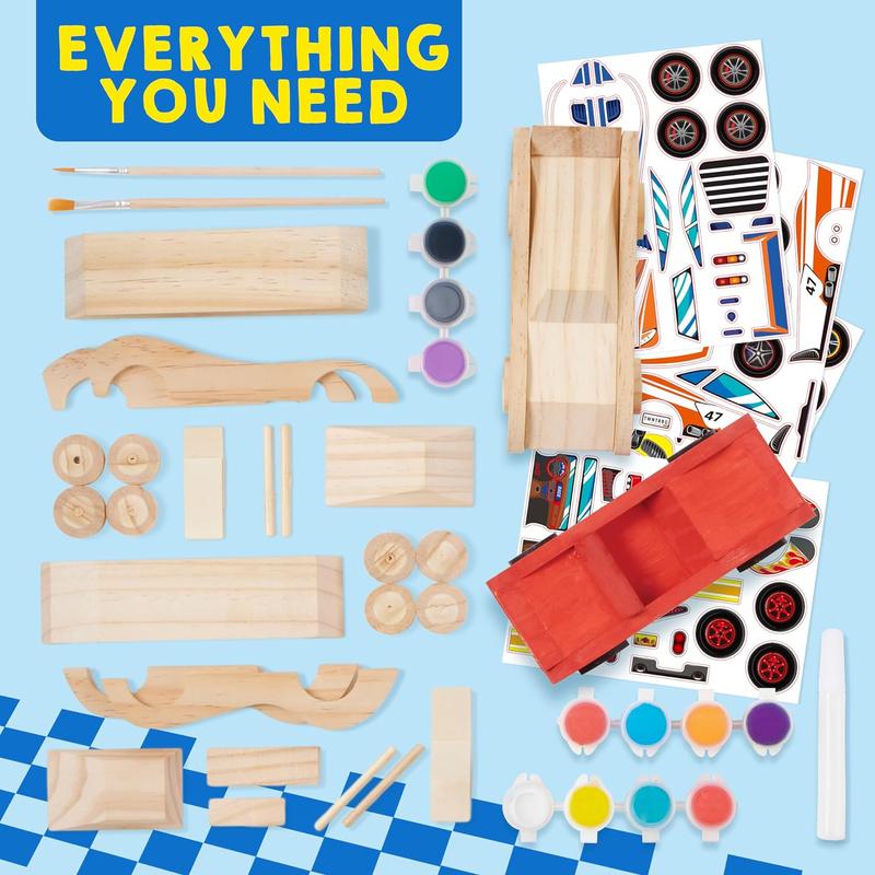 Kits 4 DIY Wooden Race Cars-Build & Paint Your Own Wood Craft Kit, 4 Race Cars Toy, Easy to Assemble Arts Crafts Kit